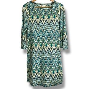 Aryeh‎ Anthropologie Sz Small Geometric  Shift Dress Green Blue Flare Sleeve
